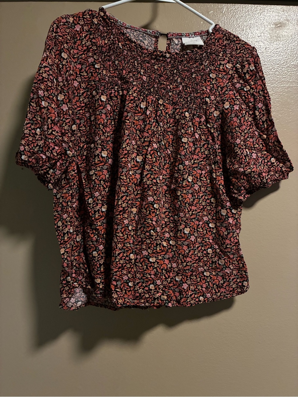 Knox Rose Rust Pink Floral Smocked Puff-Sleeve Blouse